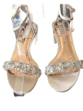 Badgley Mischka beige strap heel ankle wrap embellished formal sandals